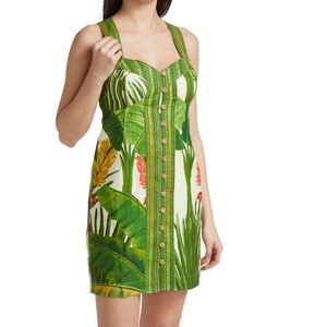Farm Rio Fresh Forest Scarf Sweetheart-Neck Minidress